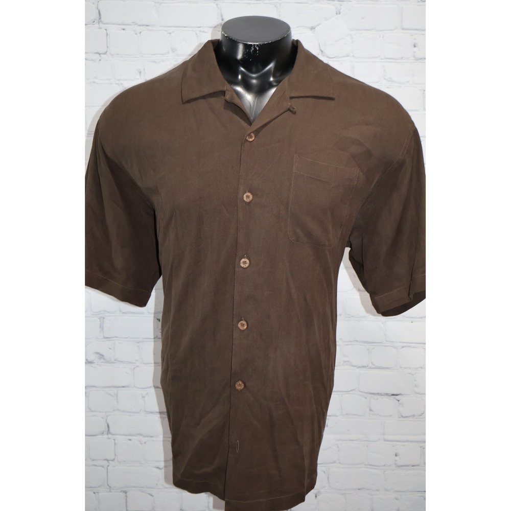 Tommy Bahama Hawaiian Button Up Mens XL Brown Silk Camp Shirt Loop Collar
